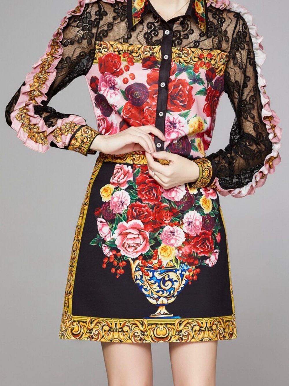 Luxury Baroque Floral Two-Piece Set – Button Blouse & Matching Mini Skirt